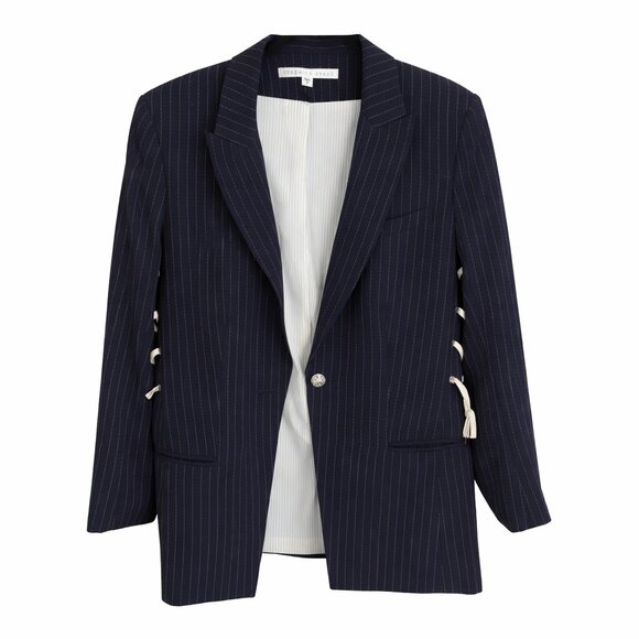 VERONICA BEARD Taylor Lace Up Sides Navy Pinstripe Blazer Jacket Size 8 - Picture 2 of 5